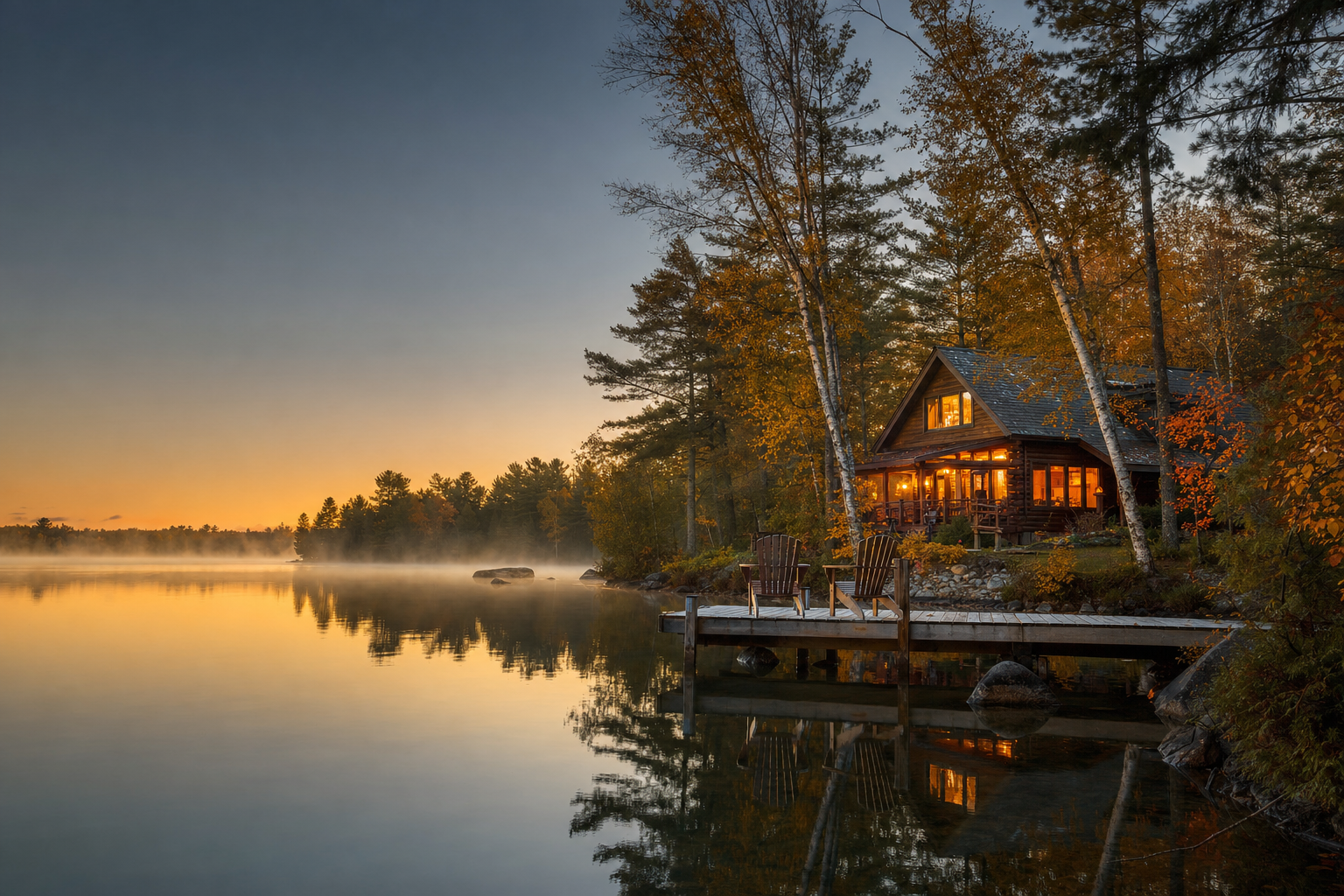 Log cabin among the pines beside a Northern Michigan lake at golden hour